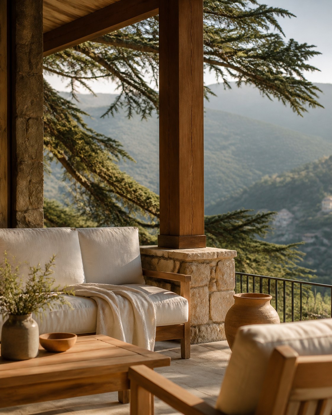 A quiet chalet terrace framed by cedar trees
